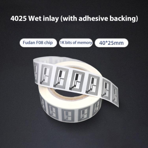 Étiquettes NFC autocollantes avec puce Fudan F08 Étiquettes RFID HF Taille : 40 x 25 mm, incrustation sèche SR53021634-08